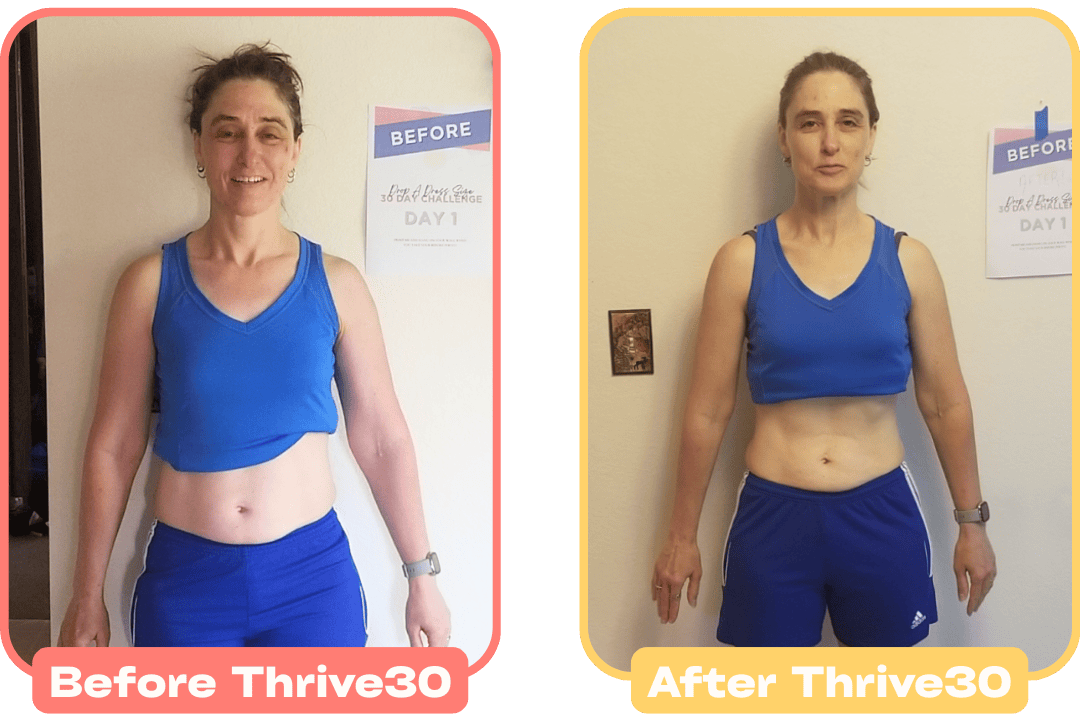 “Before Thrive30” (overwhelmed, inconsistent) vs. “After Thrive30” (energized, confident, clear).